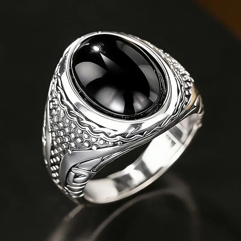Huitan Wunderschöner Damen-Schmuck in Silberfarbe mit eingelegtem schwarzem ovalem Stein, luxuriöses Hochzeits- und Party-Accessoire, Vintage-Charm-Schmuck für Damen, Geschenk