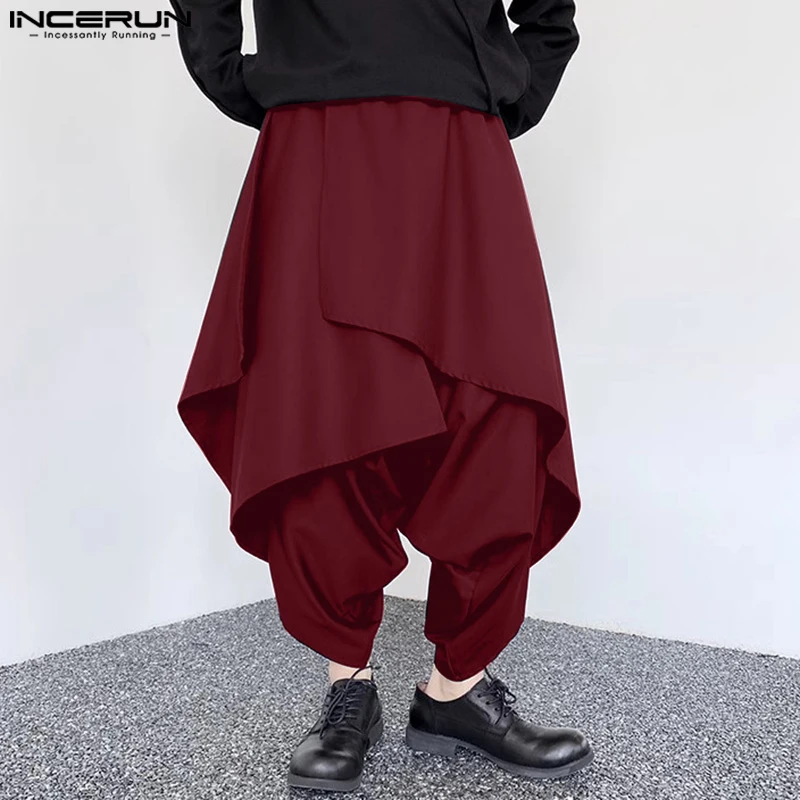 

INCERUN 2024 Korean Style Men's Trousers Multi-level Design Large Crotch Pantalons Casual Streetwear Irregular Solid Pants S-5XL