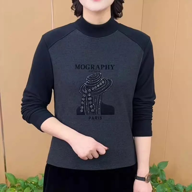 Fashionable Women's High Collar Half Diamond Velvet Top Warm Mom's Shirt Inner Wear Autumn Winter T-Shirt Korean Style Loose Fit