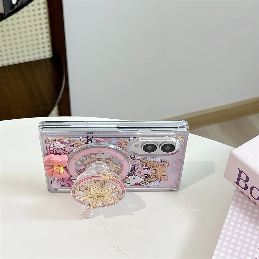 Urocze różowe etui na telefon z motywem kawaii dla dziewczyn, składane magnetycznie, do Samsung Galaxy Z Fold 8 Ultra, z funkcją stojaka i łańcuszkiem, kompatybilne z Magsafe. — zdjęcie produktu 3