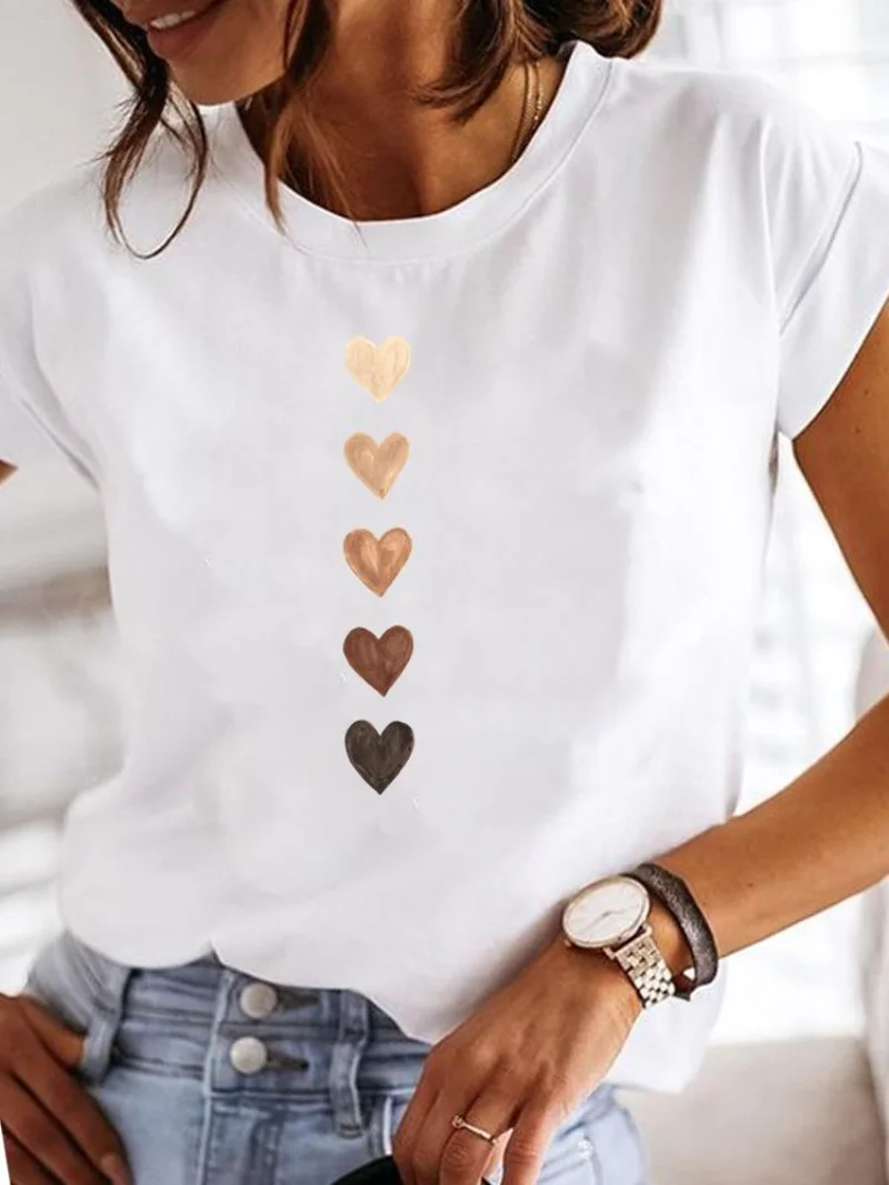 

Short Sleeve Casual Ladies Fashion Female Graphic Tee Women Love Heart Watercolor Sweet Print Summer T Clothing T-shirts