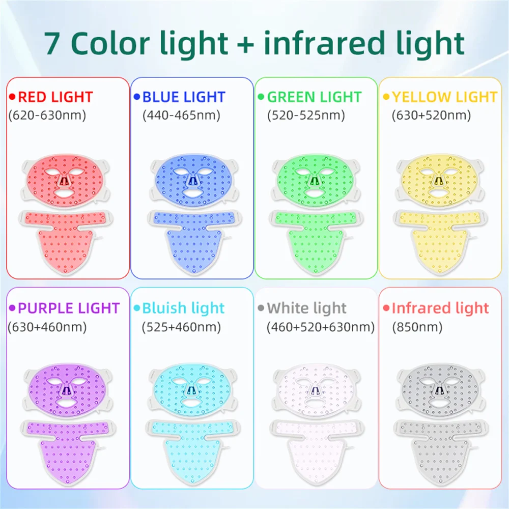 LED 8 Colors Face Mask and Neck Red Light  Near Infrared Therapy Anti Aging Wrinkle Acne Pore Oil Control Skin Tighten Whiten