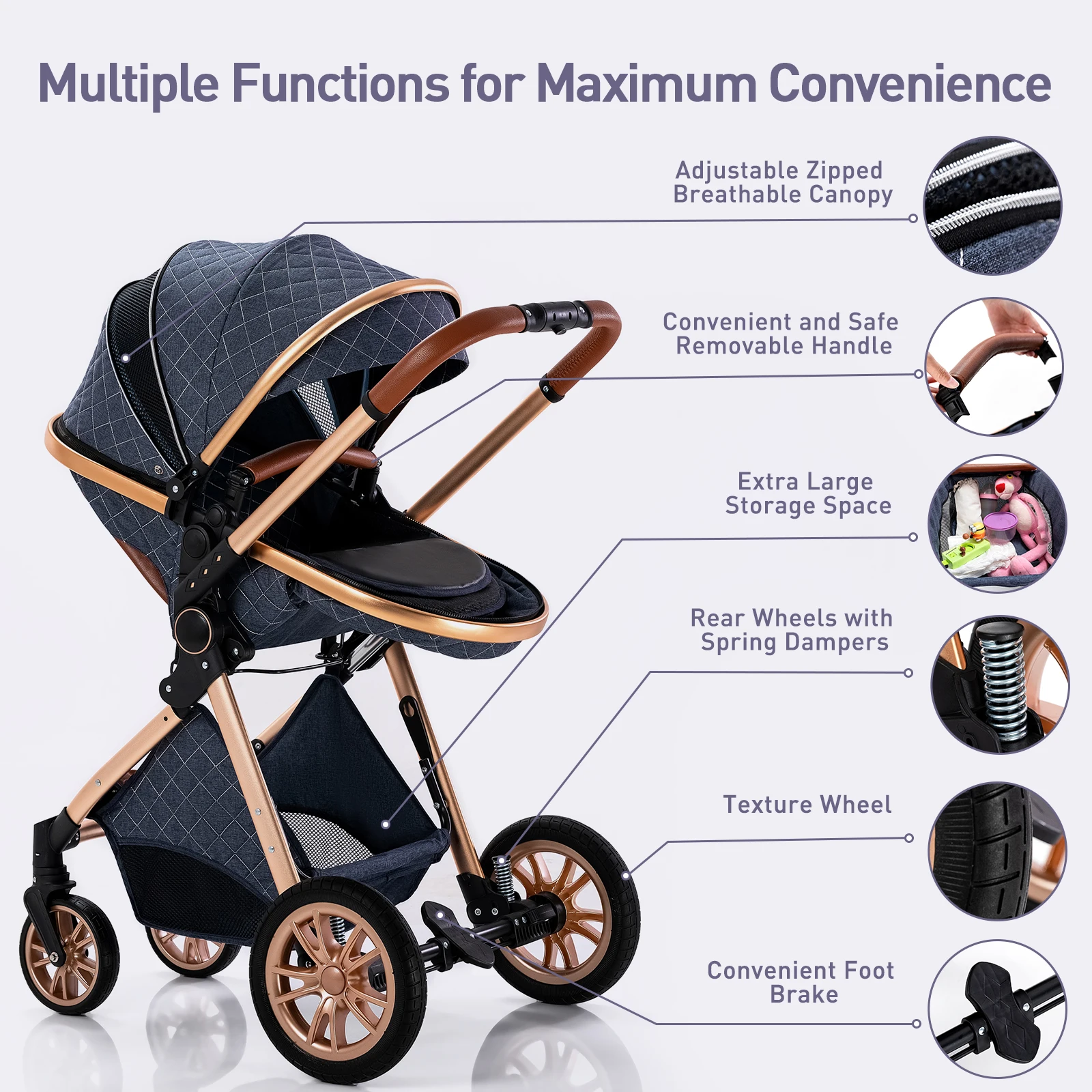 Baby Stroller 3 in 1 Easy Folding Multifunctional Stroller Travel Portable Baby Carriage Safety Seat EU Standard Free Shipping