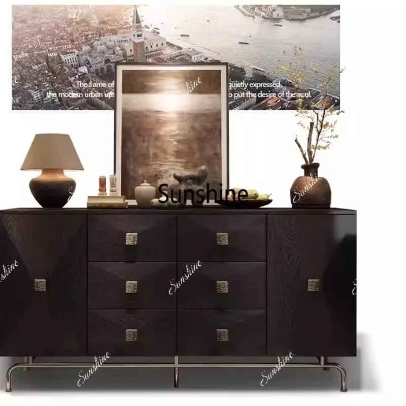 

YAmerican side cabinet simple solid wood living room metal feet multi-drawer storage