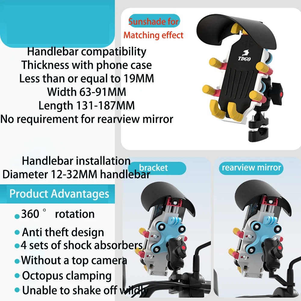 360 ° Adjustment Motorcycle Riding GPS  Bracket Electric Bike  Bicycle Motorbike Handlebar Phone Holder Stand Mount Shock Absorb view 6