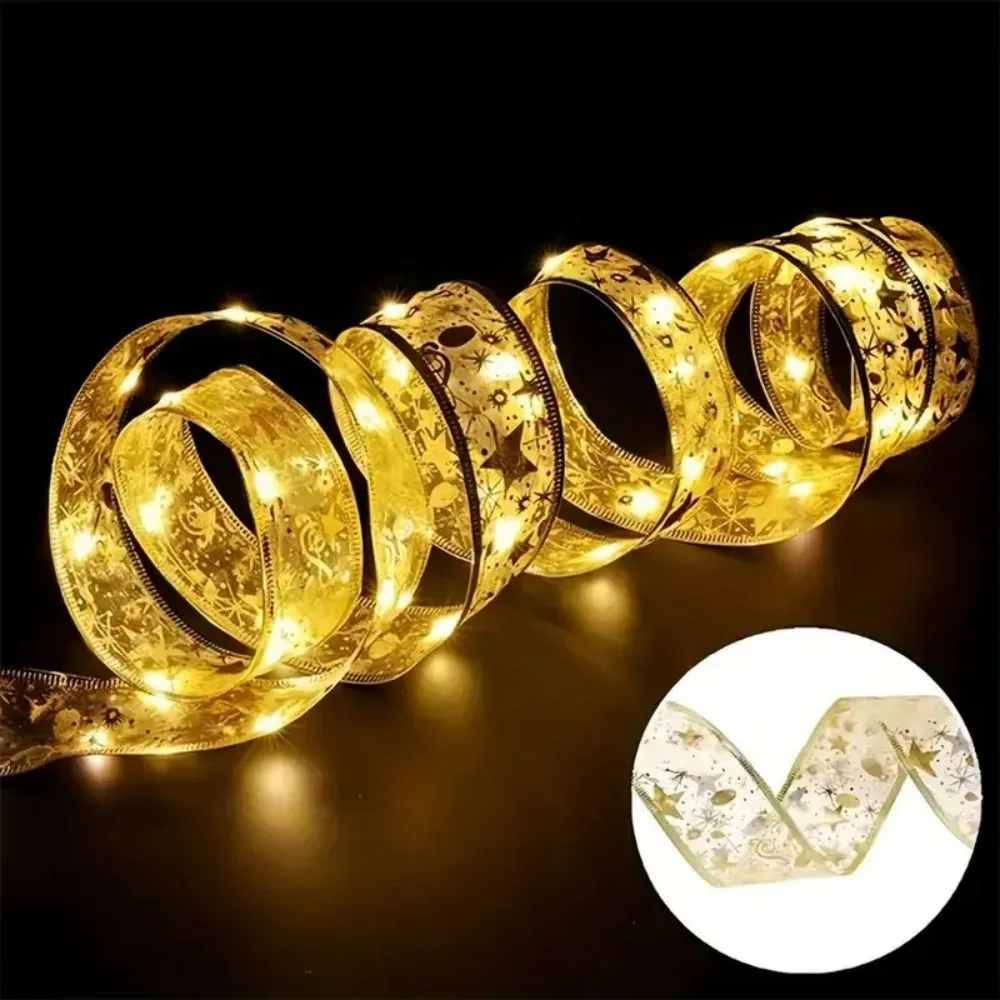 5M/10M Battery Powered Gold Ribbon Fairy String Lights, Christmas Garland Decor, Warm Glow for Tree Balcony Gift Box Home Window
