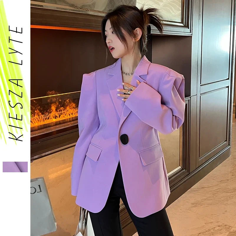 2024 Fashion New Blazer Jacket Spring Autumn Women Casual Big Button Purple Shoulder Jacket Women's Loose Suit Cool Jacket