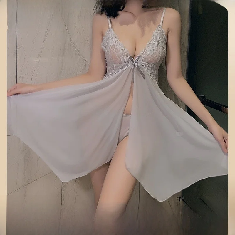 

Sexy Lace Trim Che Nightgown Crossbody See tough Me Inviting Small Bust Looks Bigger Home Clothes Women's Robe