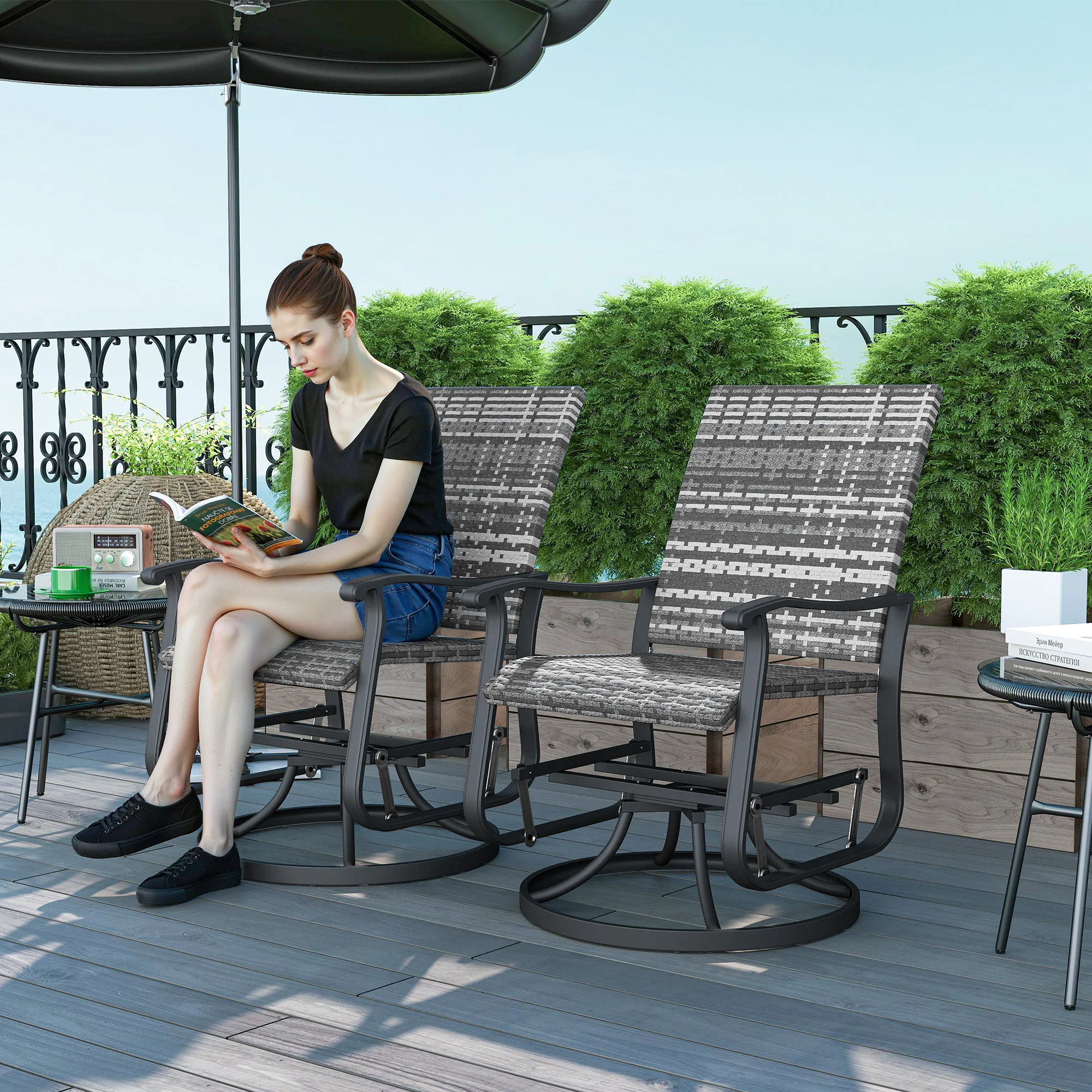 Outdoor Furniture Metal Chairs - 屋外用グライダーチェア 2 個セット、籐製回転パティオグライダー、グレー