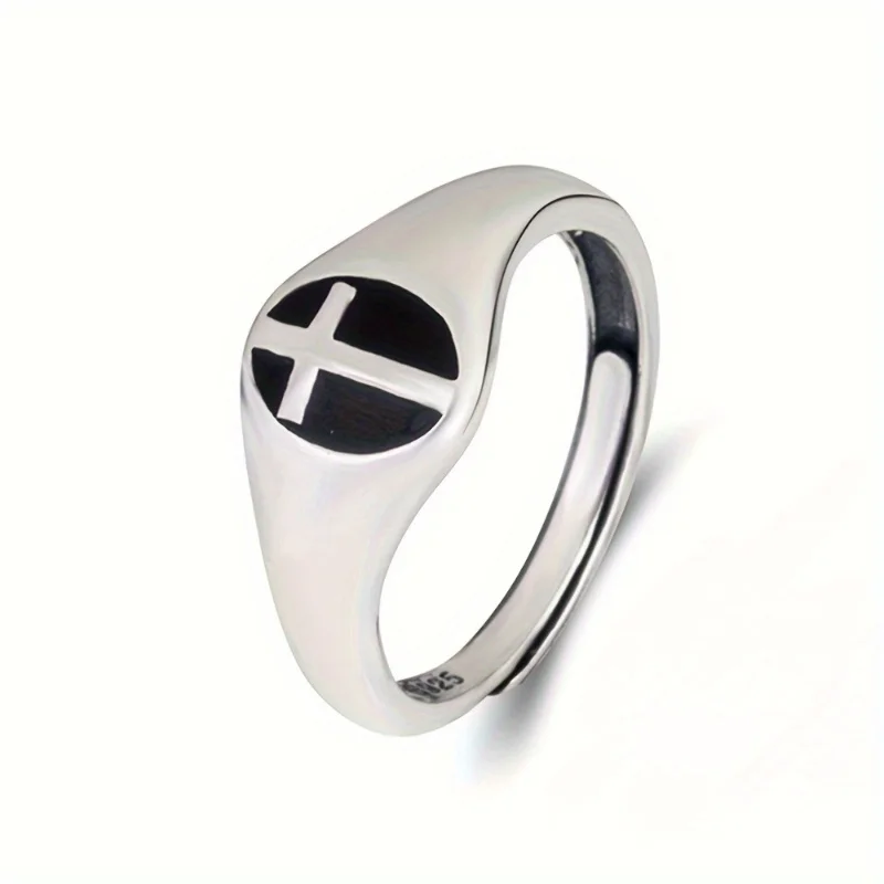 S925 Sterling Silver Signet Ring Retro Cross Design Suitable For Men And Women Match Daily Outfits High Quality Adjustable Ring.