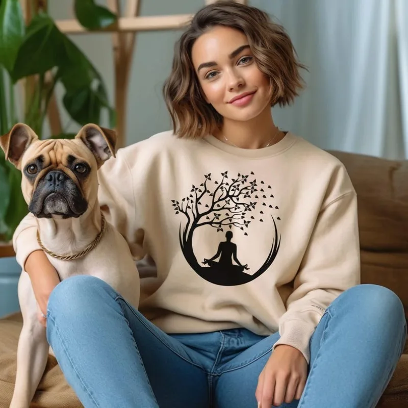 ヨガツリースウェットシャツ、瞑想ナマステギフト面白いアウトドアクルーネックカジュアルファッションソフトで快適な秋と冬のパーカー