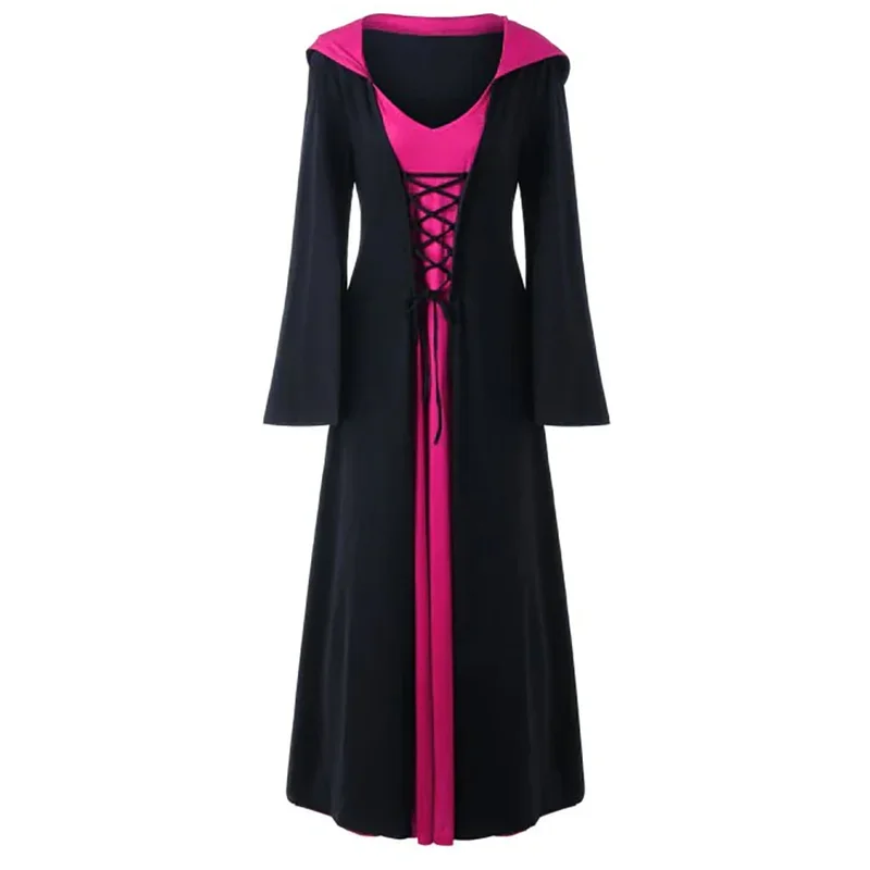 Vestido Medieval con capucha para mujer, bata Vintage con cordones, traje Retro para adultos, Cosplay de Halloween, Vestido largo de bruja terrorífica de vampiro