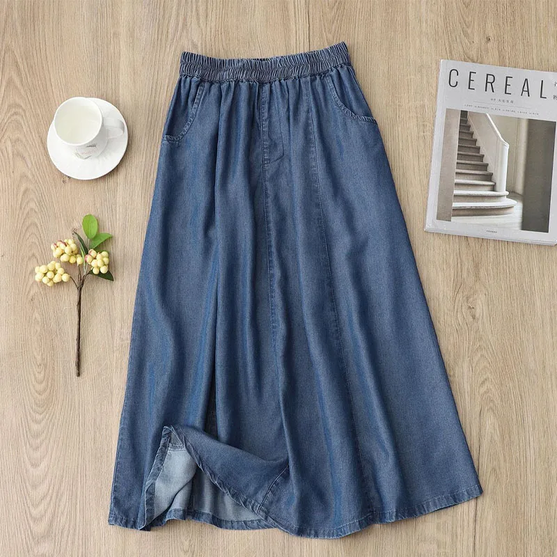 Korean Simplicity A-Line Women\'s Denim Skirt 2023 Thin Loose Casual Elastic High Waist Pockets Skirts Summer Female Clothing