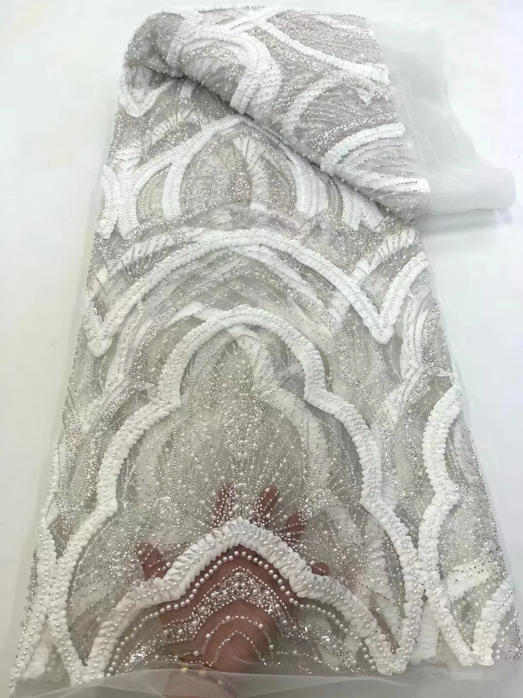 Tessuto a rete di pizzo con perline africane, materiale da sposa nigeriano, tessuto di perline di paillettes di lusso per cucire, alta qualità, 5 metri, 2025, LY662