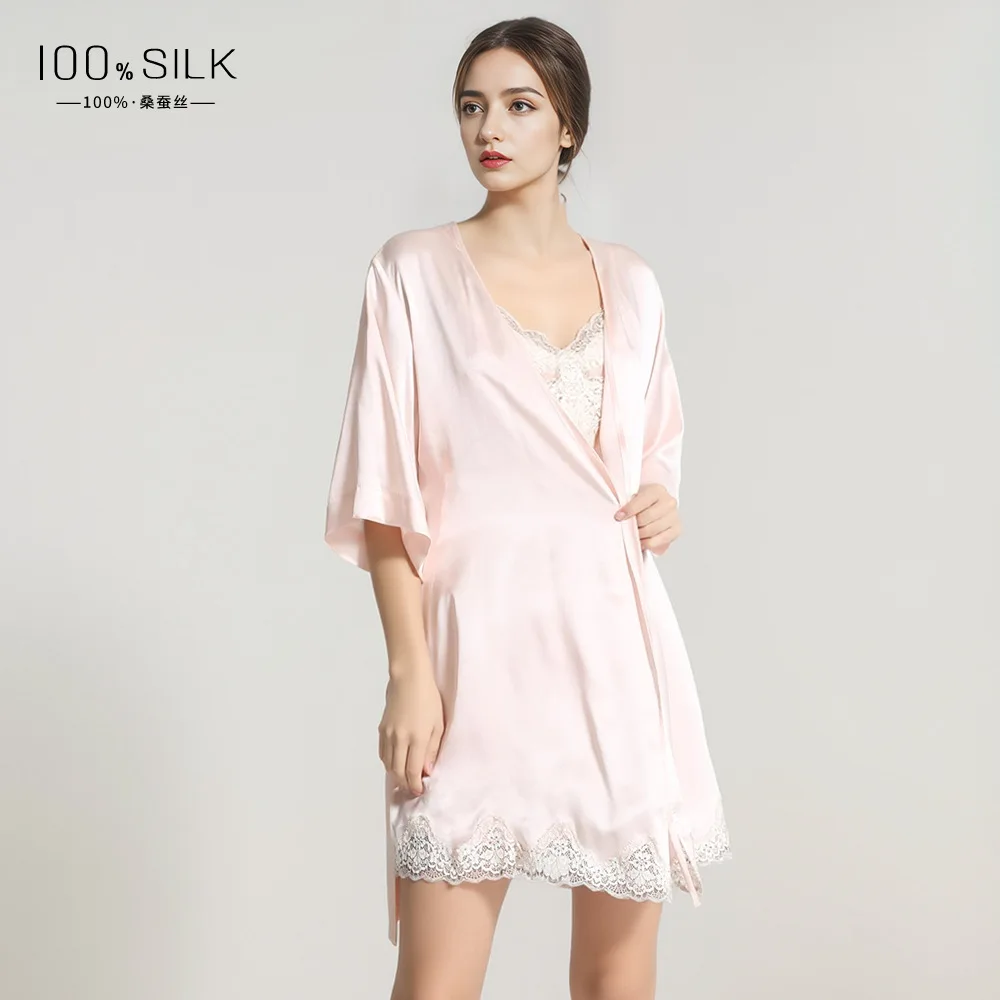 Summer Short Sleeve 100% Mulberry Silk Robes for Ladies Nightgown V Neck Pink Pure Silk Robe Women's Sexy Nightwear Lace Kimono