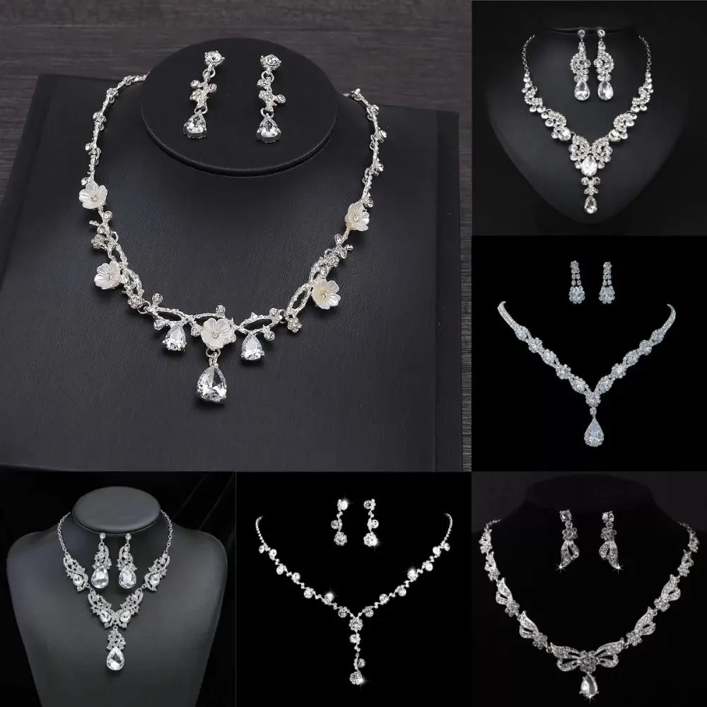 

3 Pcs Fashion Shiny Rhinestone Necklace Crystal Water Drop Shape Bridal Jewelry Set Sparkling Earring Necklace Set Women