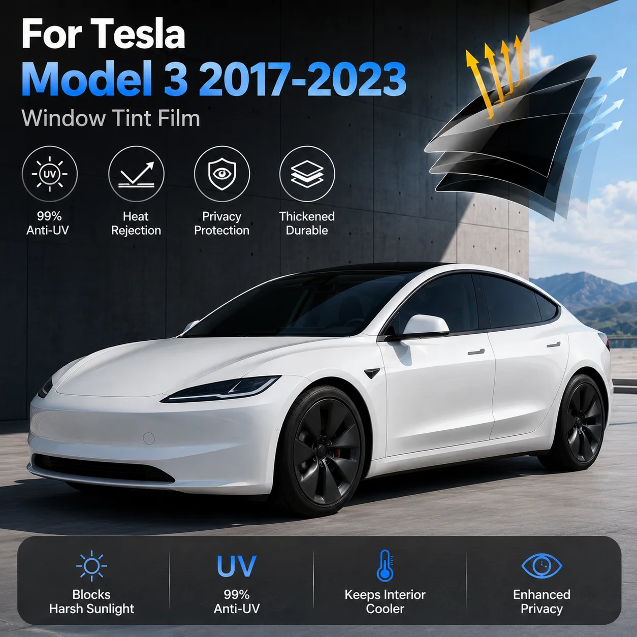 

For Tesla Model 3 2017-2023 Pre-Cut Window Tint Film Privacy UV Blocking Heat Rejection 99% Anti UV Sun Shade Sticker