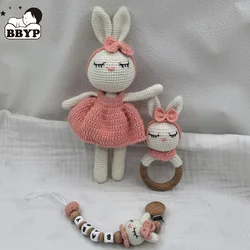 Crochet Bunny Baby Teether kawaii Kintted Stuffed Animal Toy Beech Wood Newborn Teether Ring Pacifier Clip Baby Amigurumis Doll