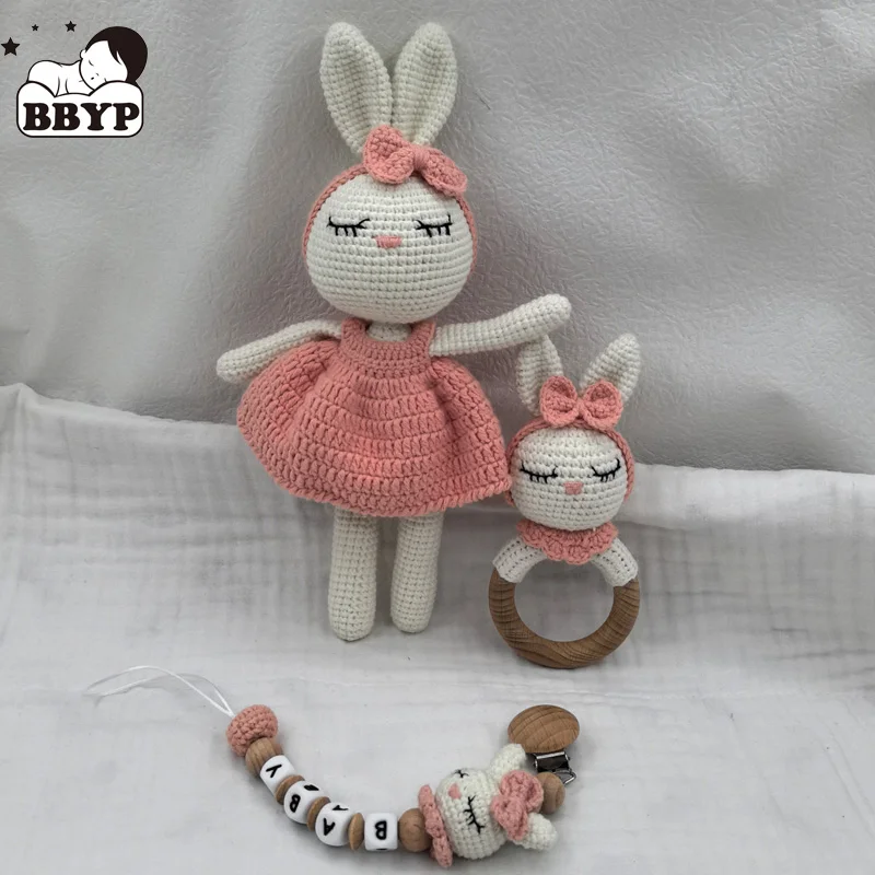 Szydełkowy króliczek gryzak dla dziecka kawaii Kintted wypchane zwierzę zabawka drewno bukowe noworodek gryzak pierścień klips do smoczka dziecko Amigurumis lalka