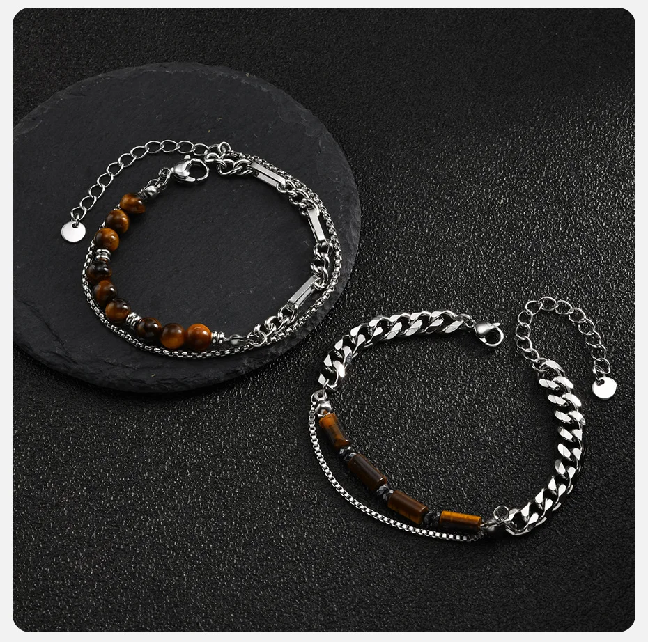 Vnox Herren Tigerauge-Perlen Kubanische Kette Armbänder, Edelstahl Gliederarmband Steinschmuck Geschenk für Vater Papa Ehemann Sohn Ihn – Detail 6