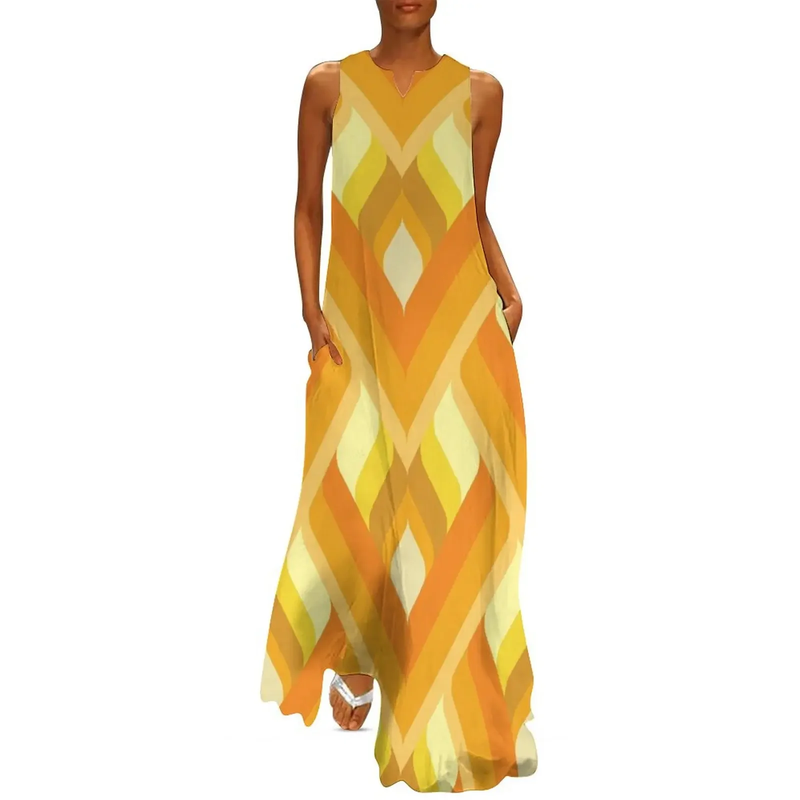

Orange, Brown and Yellow Geometric Retro Diagonal Pattern Long Dress ladies dresses for special occasions Evening gown Dress