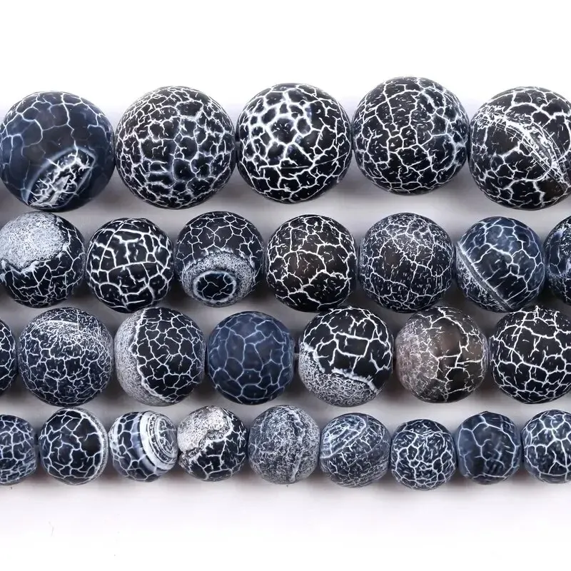 6-10mm Black Frost Crack Stone Circular Loose Smooth Beads Used for Jewelry Making DIY Bracelets and Necklaces