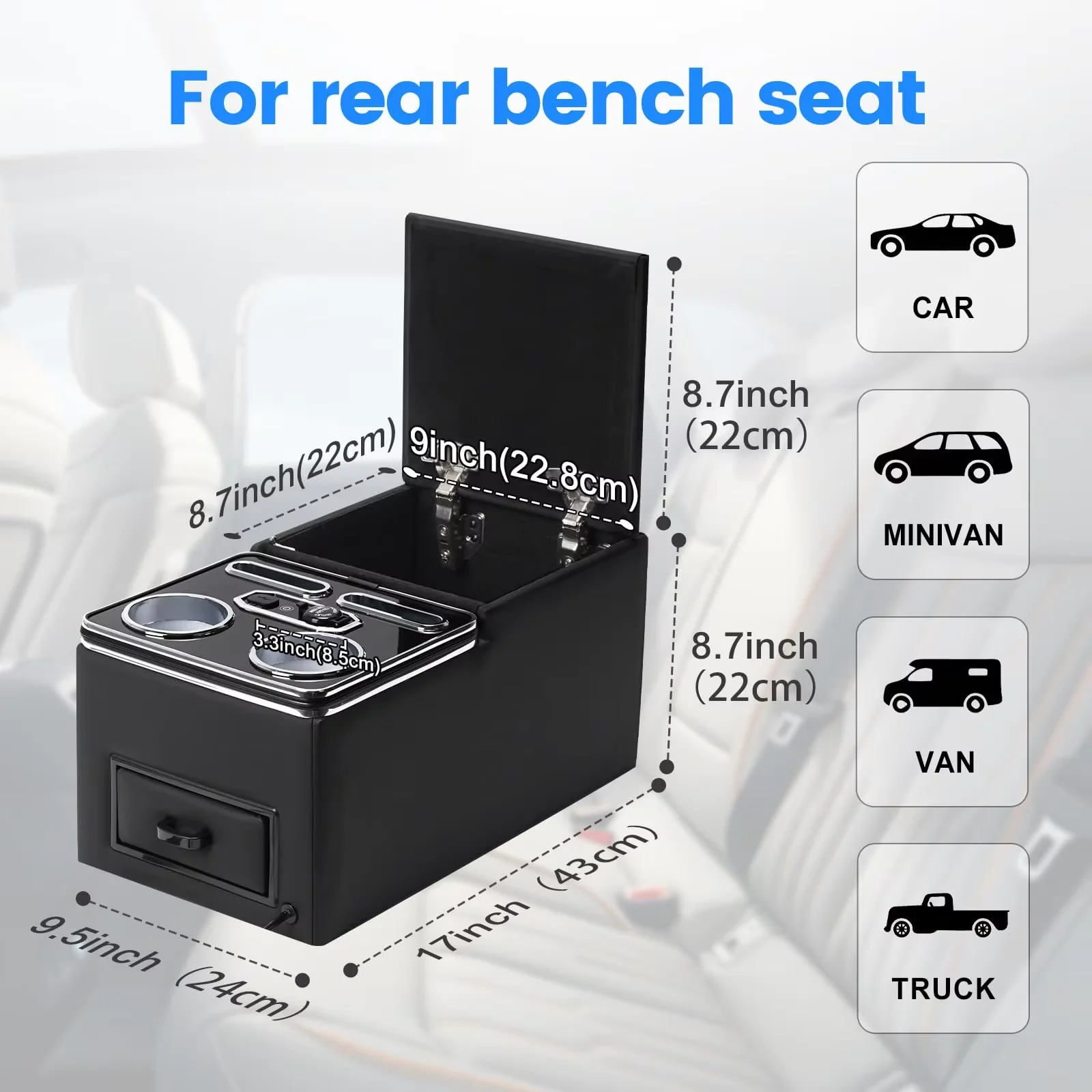 Center Console 7-Color Mood Lighting Center Console Organizer Rear Armrest Back Bench Seat Storage Box for Car Minivan Van Truck - Image 6
