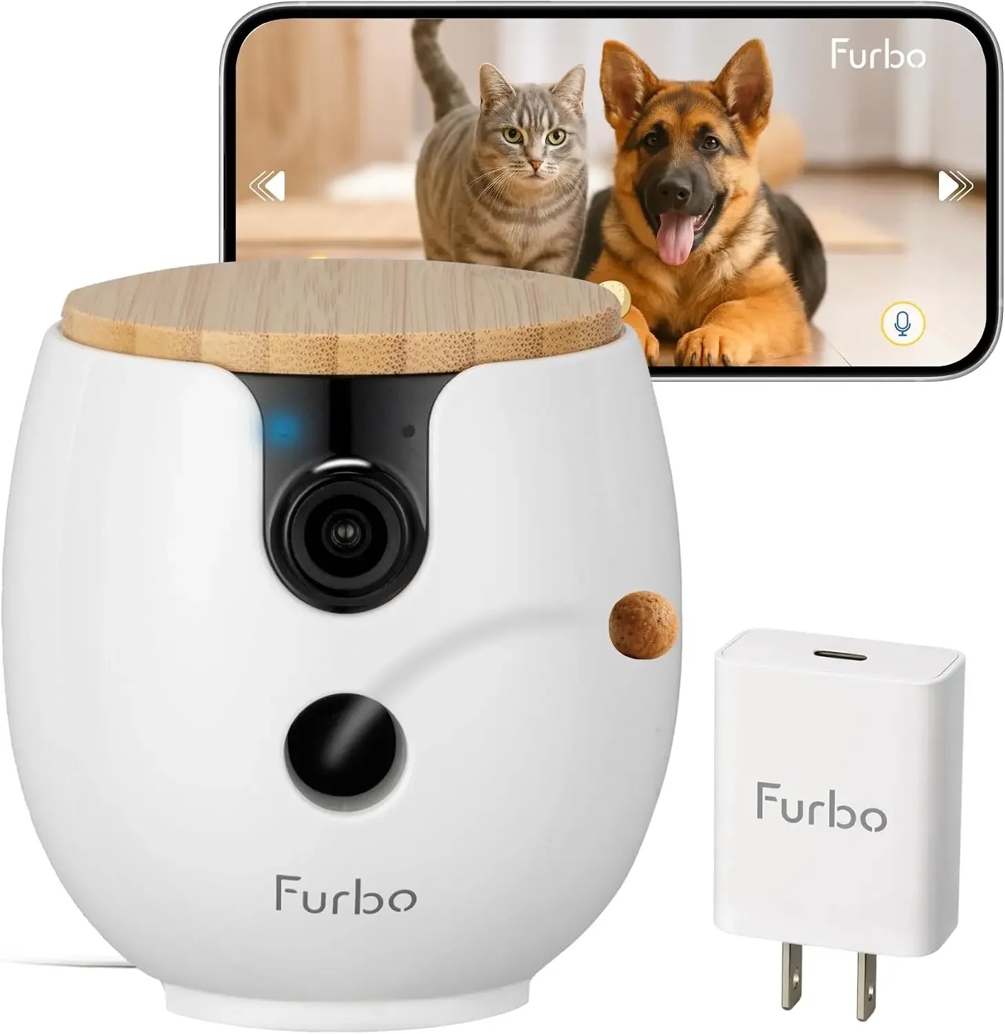 Mini 360° 2K QHD Pet Camera + Power Adapter: Dog & Cat Rotating Treat Dispenser w/Phone App, Smart Cam w/2-Way Speaker & Night