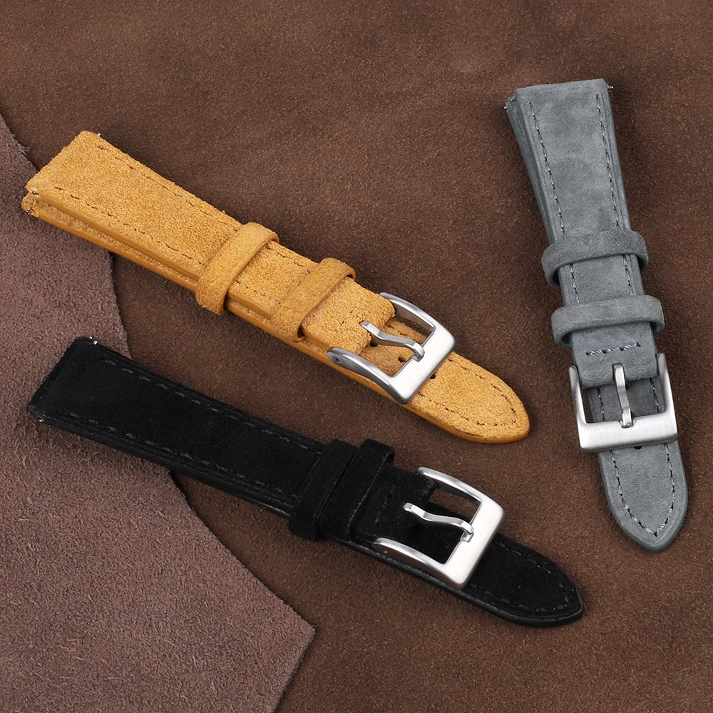 Vintage Genuine Suede Leather Watchband Tan Gray Black 18mm 20mm 22mm Watch Strap Quick Release With Handmade Stitching Bracelet