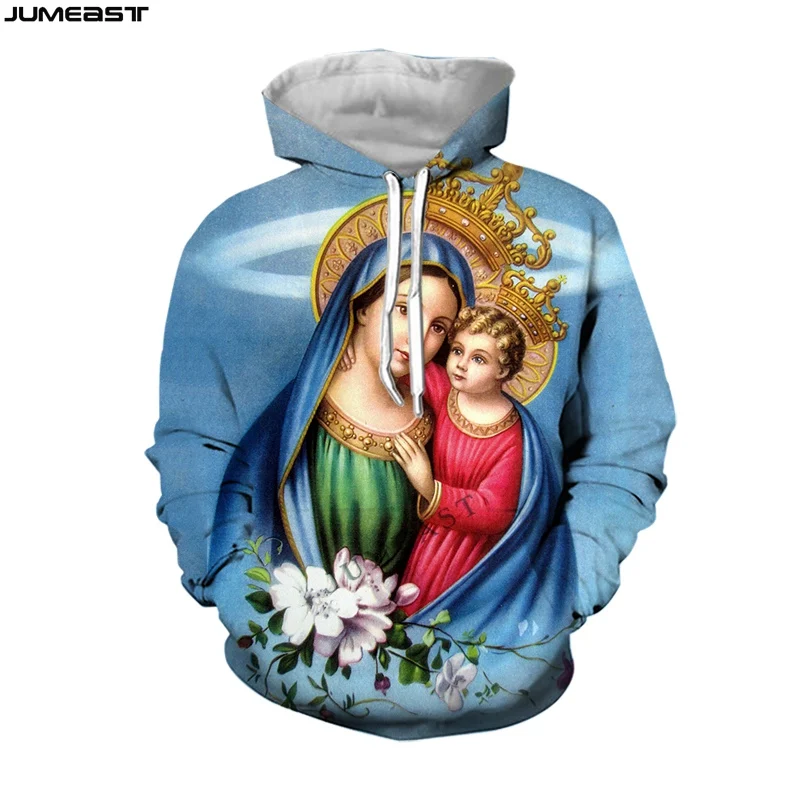 Jumeast Men Women 3D Sweatshirt Oversized Christian Catholi Virgin Mary Jesus Hip Long Sleeve Cap Hoody Sport Pullover Hoodies