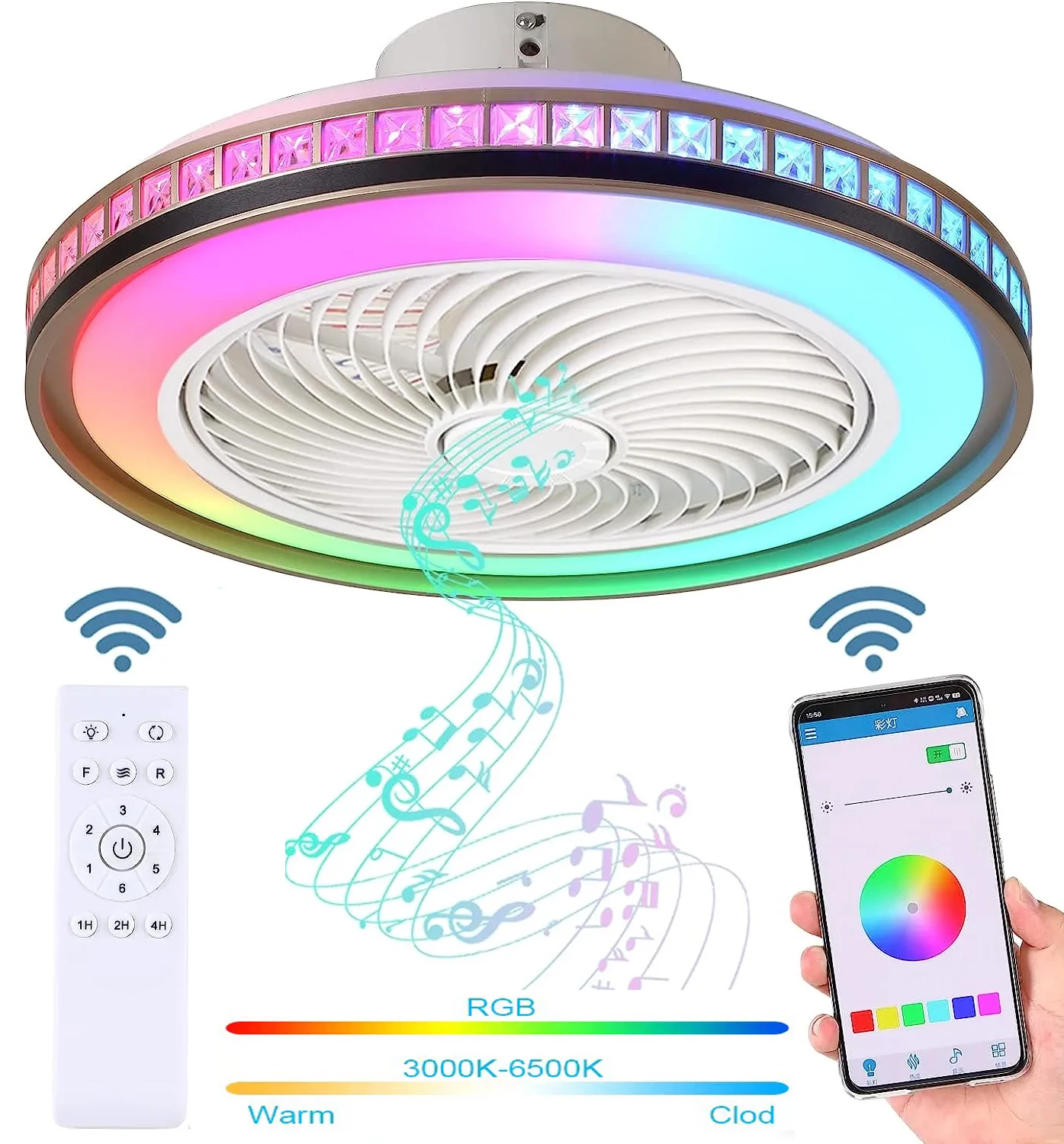 ventilador de teto com controle remoto iluminacao rgb bluetooth music speaker lampadas led casa sala de estar quarto velocidades app 50cm 01