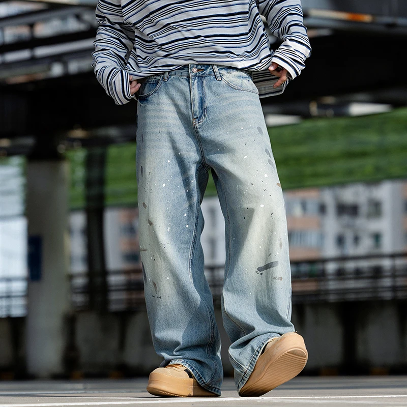 2025 outono americano retro pintura respingo tinta moda masculina marca na moda solta, simples, versátil cor sólida jeans lavados