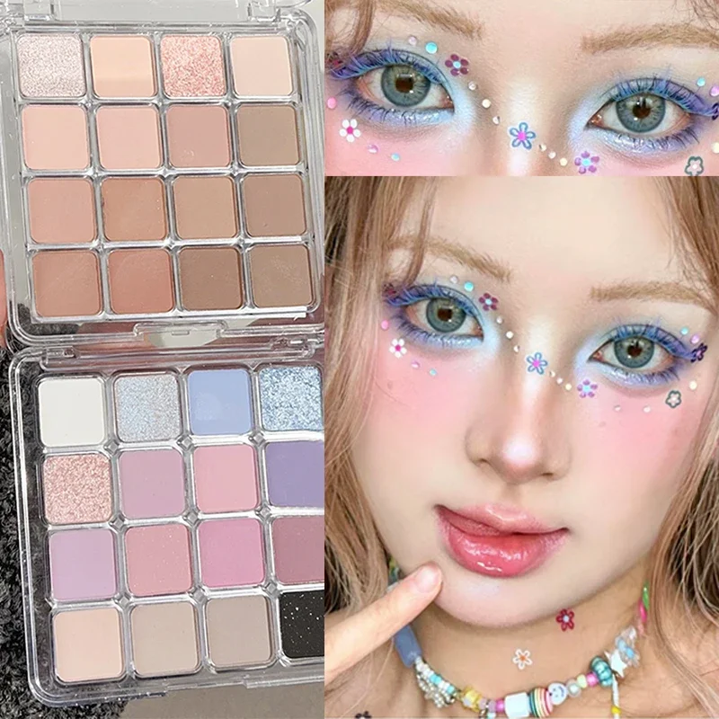 Paleta de sombras com 16 cores, fosca, baixa saturação, à prova d'água, glitter, rosa, azul, sombra de olhos de longa duração, maquiagem cosmética coreana