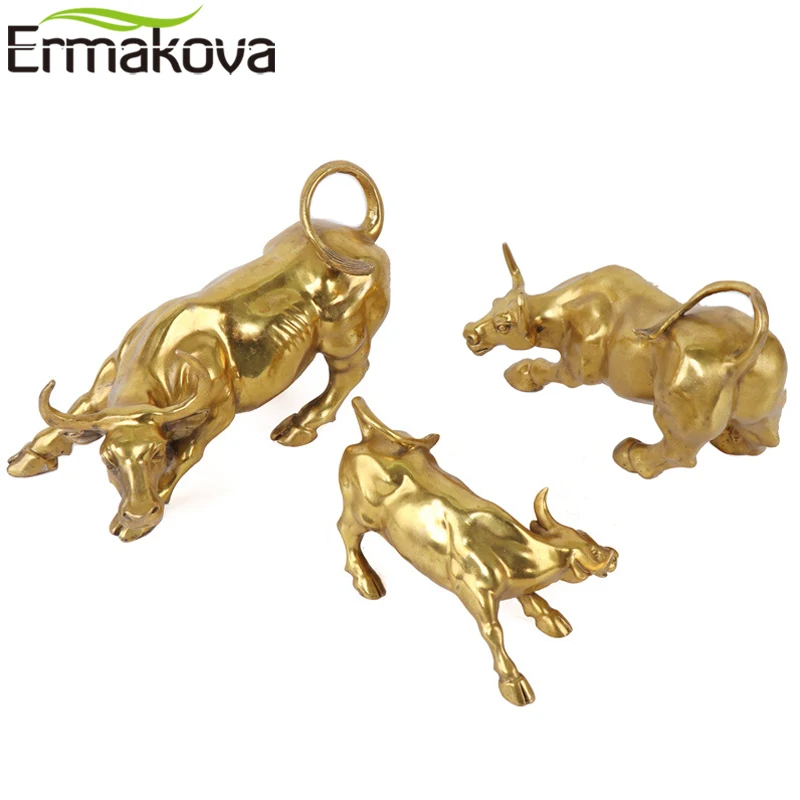 ERMAKOVA Wall Street Golden Fierce Bull OX Figurine Sculpture Charging Stock Market Bull Statue Home Office Decor Gift