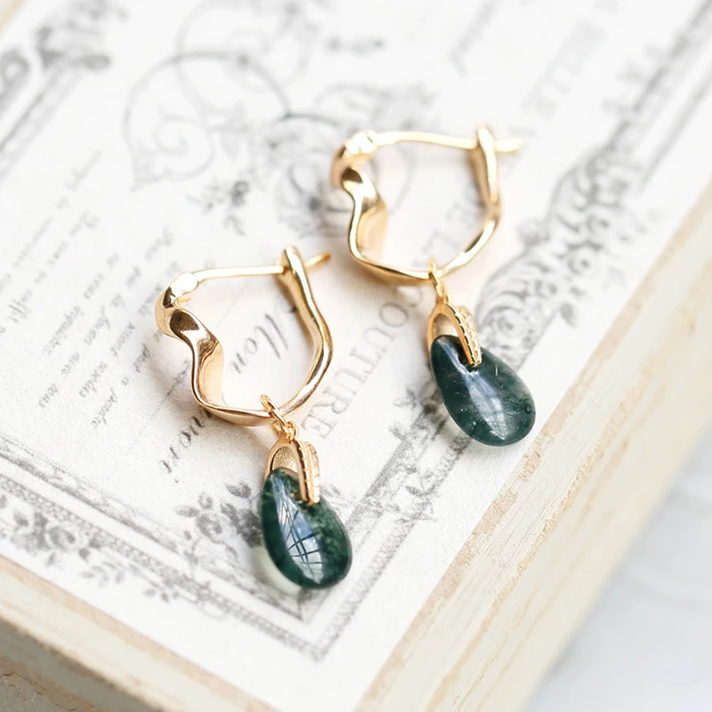 LAMOON Vintage Natural Moss Green Agate Earrings For Women Gemstone Drop Earring 925 Sterling Silver K Gold Plated Gift