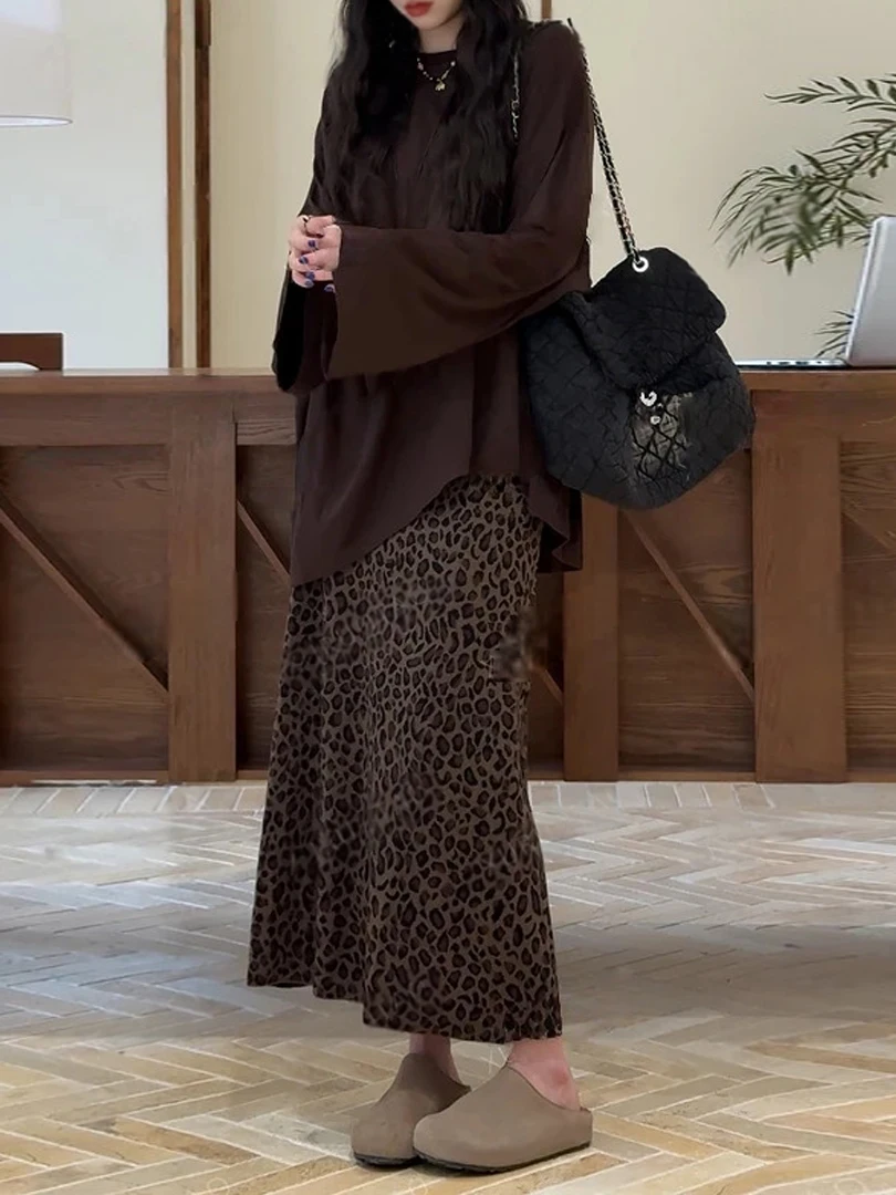 

High Waist Leopard Print Loose Casual Sle f-length Skirt Women's Design Slimming Long Skirt Early Autumn New Arrival