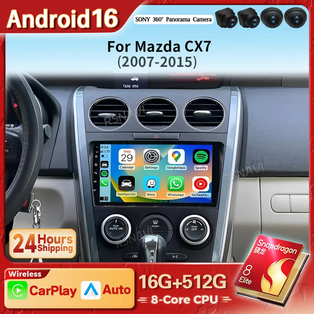 Android 16 Carplay Auto 2K QLED Bildschirm für MAZDA CX-7 CX7 2007 2008 2009 - 2014 Autoradio Navigationsgerät Snapdragon