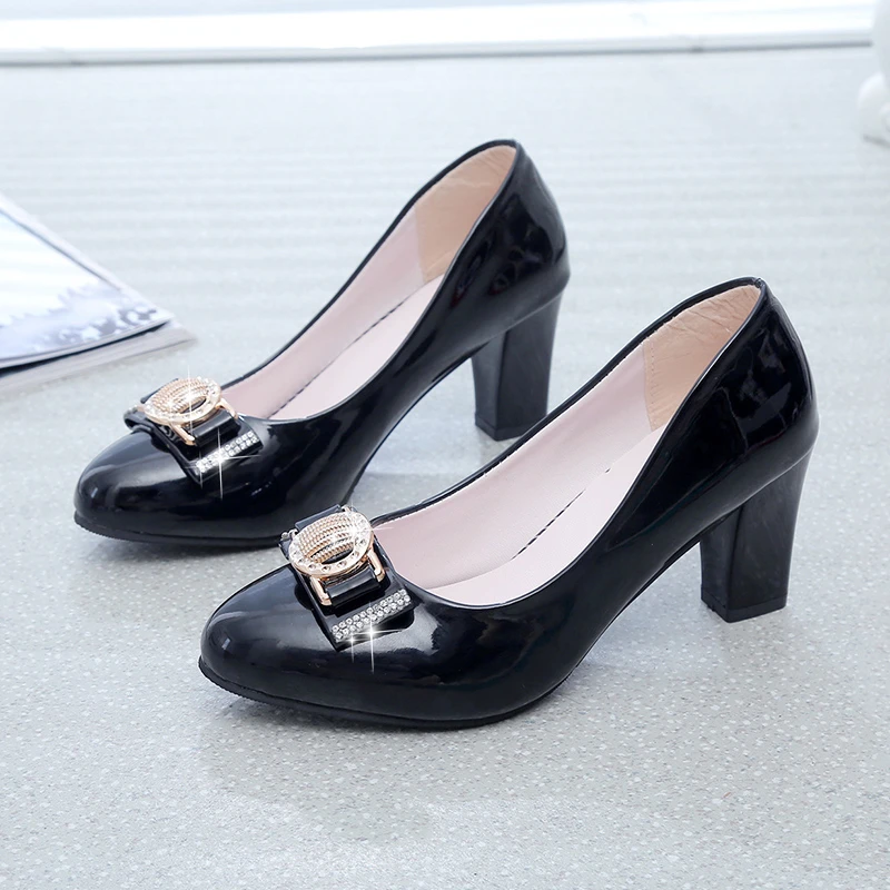 Women Dress Shoes Patent Leather Mid Heel Pumps Fashion Shoes Pointed Toe Slip on Office Ladies Shoes Zapatos Black Women Shoes