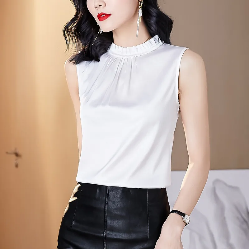 Korean sweet elegant versatile ice silk shirts Plus size lotus leaf collar Acetate satin Vest Tops office lady chiffon tanks