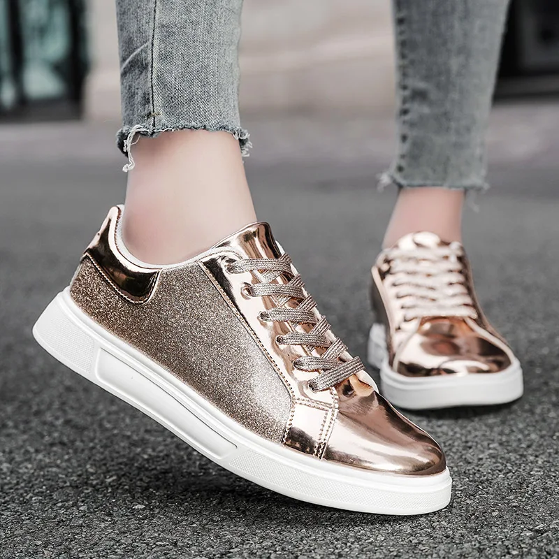 

Popular Tennis Sport Shoes for Women Spring New Plus Size Casual Shoes Female Low Top Sequined Skate Shoes Lace Up Flat Sneakers