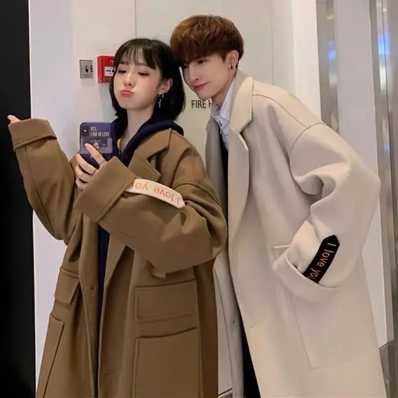 

New winter couple wear mid length woolen coat men Korean style new Hong Kong style trendy coat student versatile windbreaker y2k