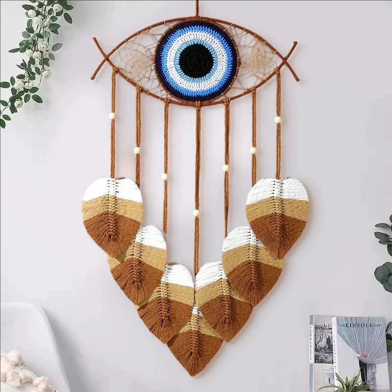 

Blue Evil Eye Dream Catcher with Macrame Leafs Handmade Dreamcatchers Wall Hanging Decoration for Home Bedroom Living Room Gift