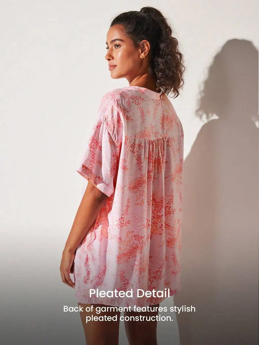 

Soft Rayon Floral Short Sleeve Button Up Pajama Set With Pleated Back