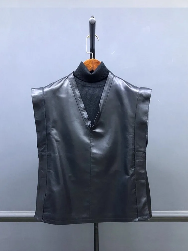 Handmade Women Fashion Loose Black Genuine Leather Waist Cinching Vest V Neck Sleeveless Jacket Casual Lady Sheepskin Waistcoat