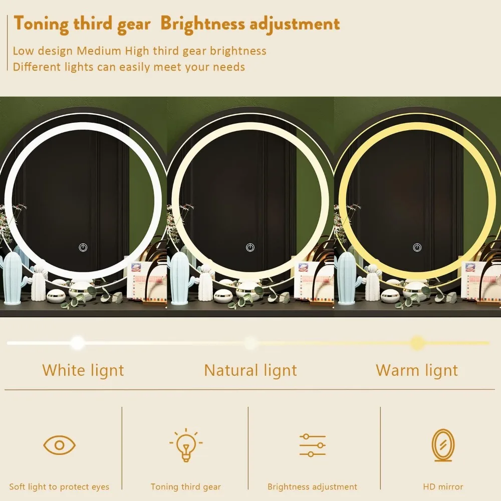 طقم خزانة مكياج مع 5 أدراج ورف مرآة مستديرة مع شاشة تعمل باللمس ومجموعة زينة خفيفة مع مقعد مبطن
