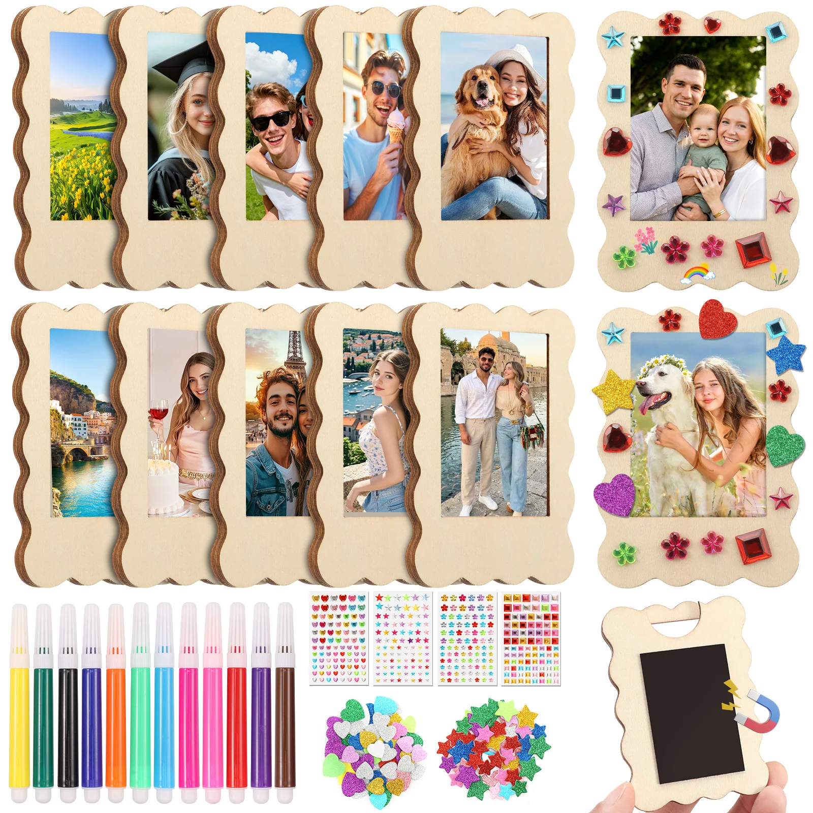 12Pcs DIY Unfinished Wood Photo Frames Kit Mini Blank Magnetic Photo Frame Set with Marker Rhinestone Sticker and Glitter Sequin