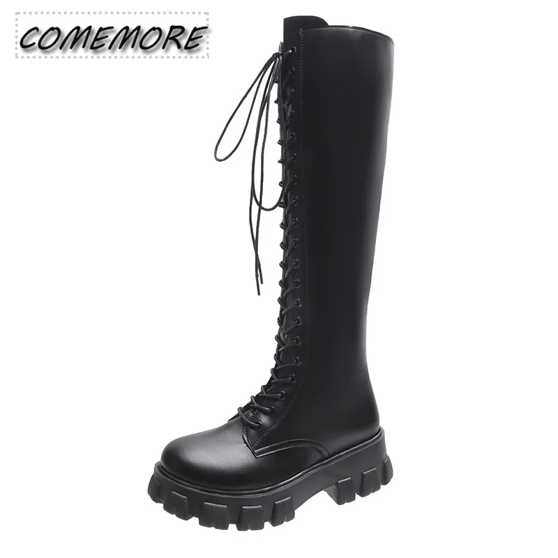 2024 New Thicken Winter Knight Boots Women Knee High Long Square Heel Retro Lace Up Motorcycle Boots Black White Botas Mujer 43