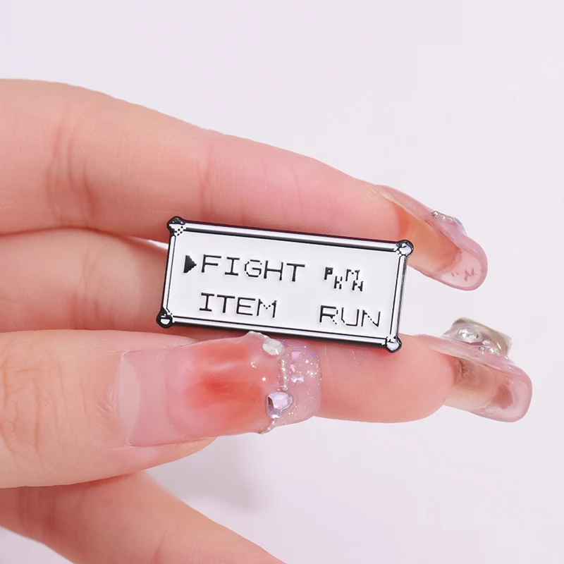 Rectangle Text Enamel Pins Custom FIGHT ITEM RUN Brooches Lapel Badges Punk Jewelry Gift for Kids Friends