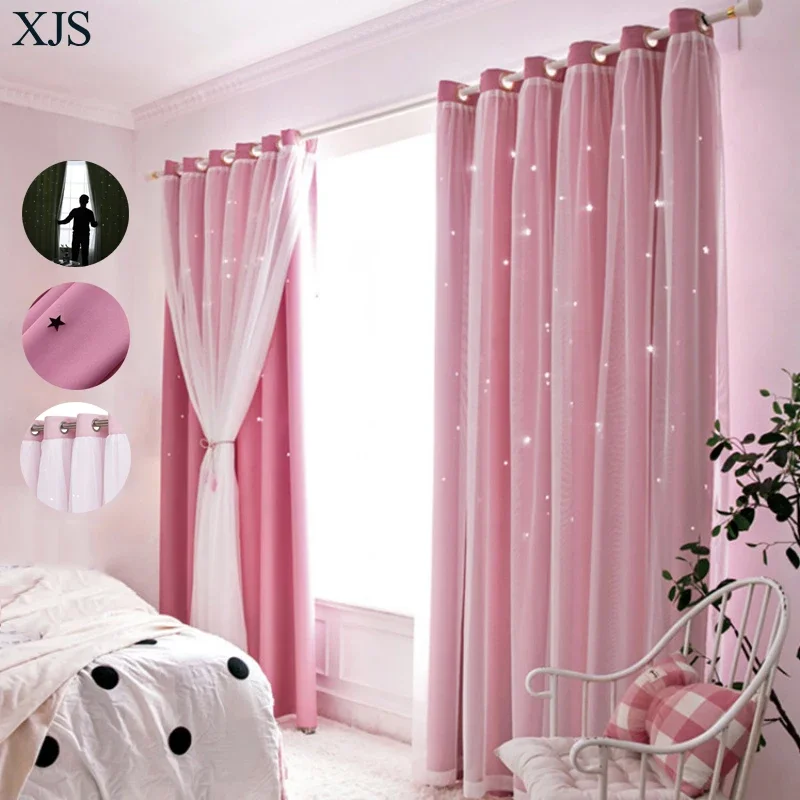 

Hollow Star Blackout Curtains Double Layer Grommet Top Kids Girls Room Window Curtain Shading Home Decor for Bedroom Living Room