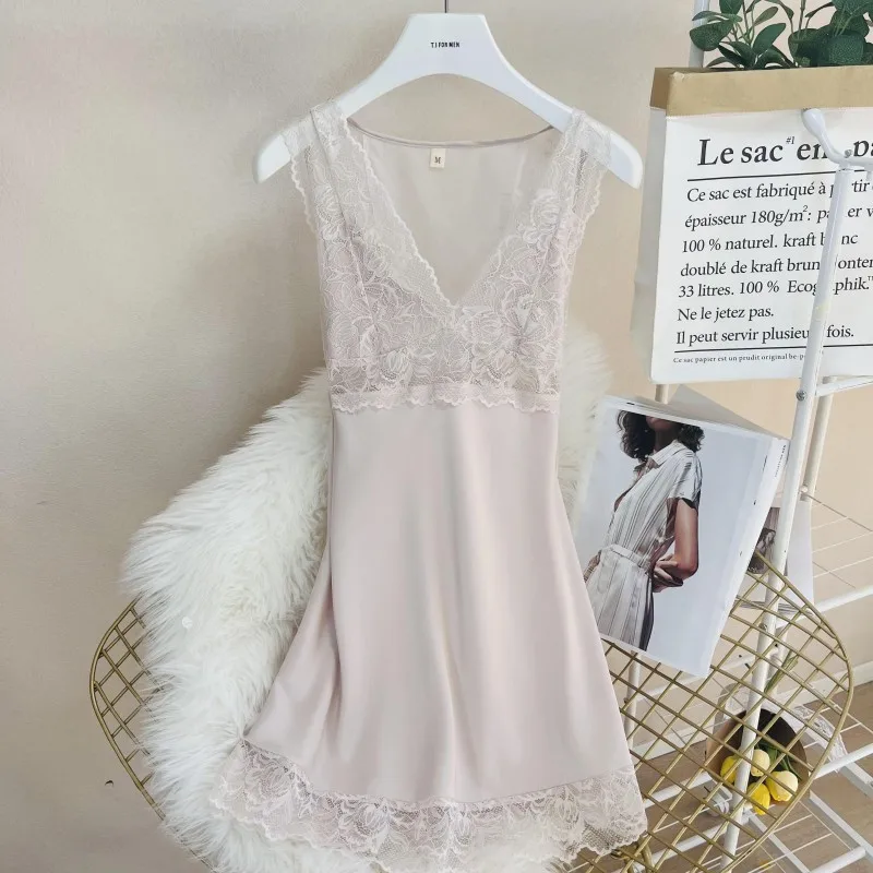 V-Neck Lady Nightgown Summer New Chemise Sleepwear Sexy Nightdress Dressing Gown Lingerie Female Silky Satin Lace Home Dress